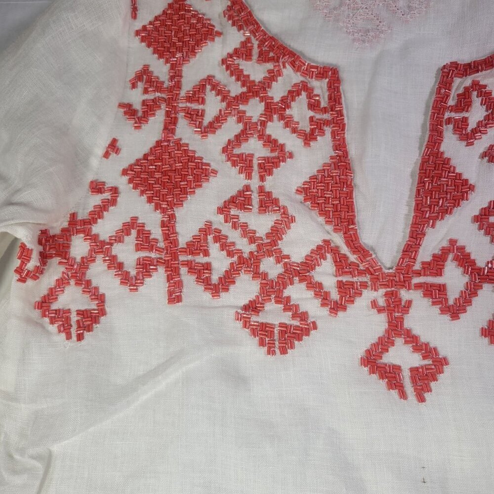 Calypso St Barth White Linen Tunic With Coral Embroidery Size XS - Picture 2 of 9